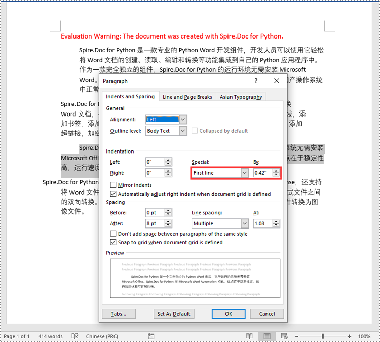 python 在 word 中设置段落缩进